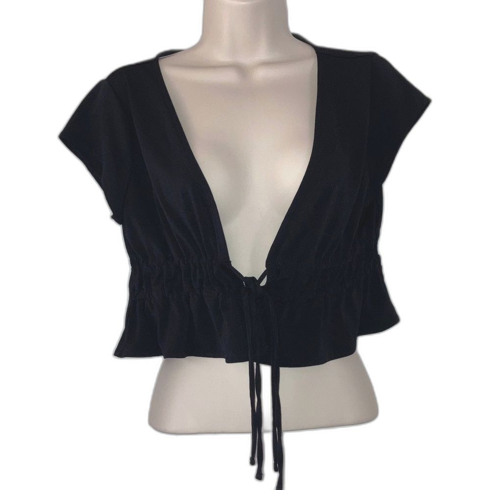 Crop Top Black Peplum Tie Front Babydoll Short Sleeve FOREVER 21 Womens Medium